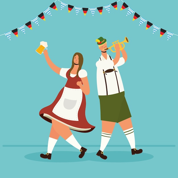 German couple wearing tyrolean suit drinking beers and playing trumpet vector illustration design