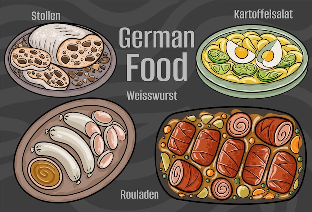 German food A set of classic dishes Cartoon hand drawn illustration