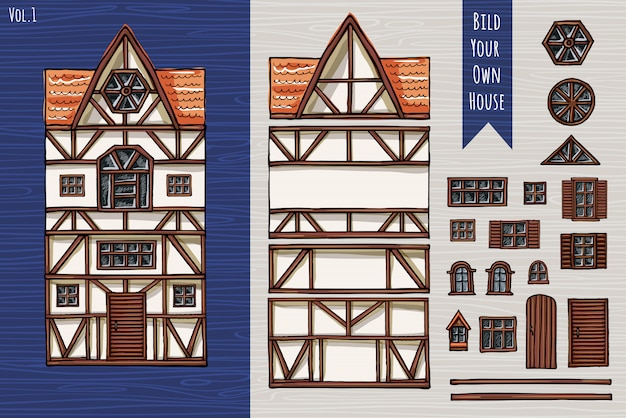 Vector german houses, collection of elements, itemset, roof, windows, doors. fahverk architecture cute style. hand drawn.