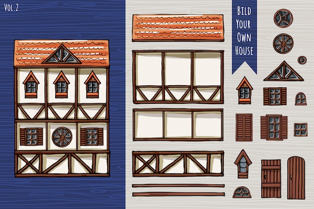 Vector german houses, collection of elements, itemset, roof, windows, doors. fahverk architecture cute style. hand drawn.