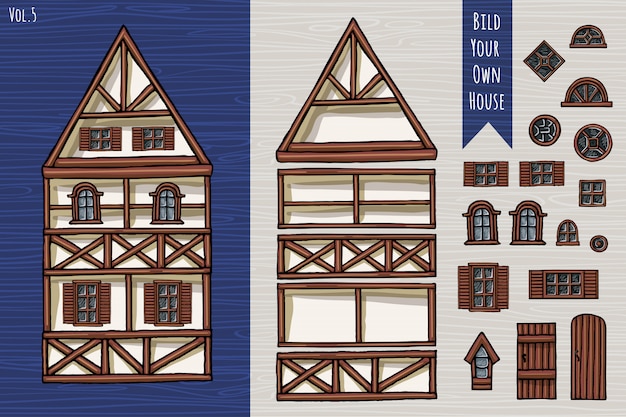 Vector german houses, collection of elements, itemset, roof, windows, doors. fahverk architecture cute style. hand drawn.