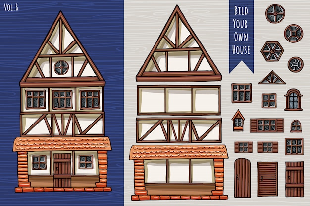 German houses, collection of elements, itemset, roof, windows, doors. Fahverk architecture cute style. Hand drawn.