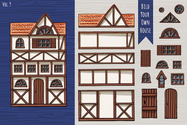 German houses, collection of elements, itemset, roof, windows, doors. Fahverk architecture cute style. Hand drawn.