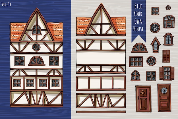 German houses, collection of elements, itemset, roof, windows, doors. Fahverk architecture cute style. Hand drawn.