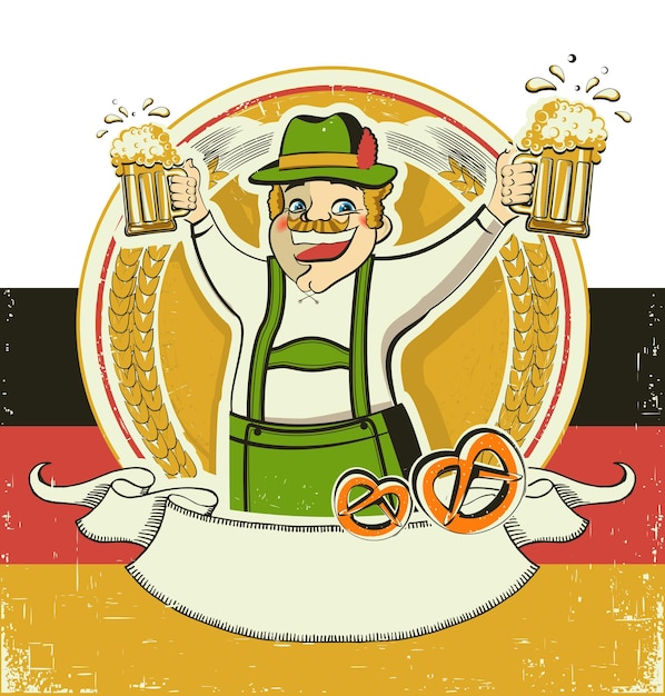 German man and beersVintage oktoberfest symbol on old paper texture