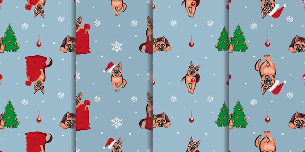 German Shepherd and wolfhound Christmas seamless patterns set