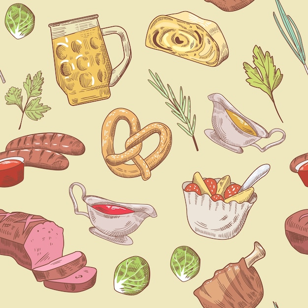 German Traditional Food Hand Drawn Seamless Pattern