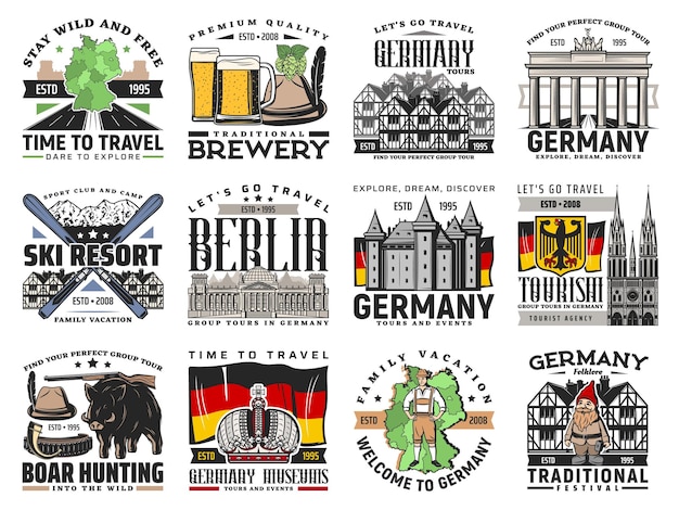 German travel icons isolated flag map of Germany