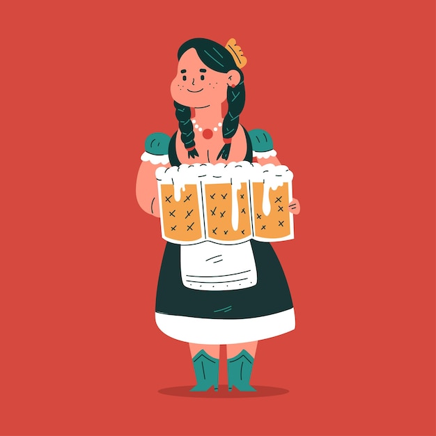 Vector german woman with beer mugs vector cartoon character isolated on background