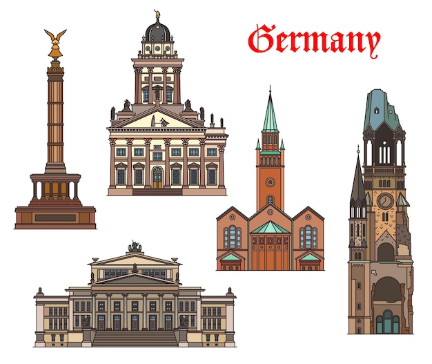 Germany architecture, Berlin landmarks and buildings, vector German churches and cathedrals. St Matthaus Kirche, Victory Column and French cathedral, Konzerthaus and Kaiser Wilhelm Memorial church