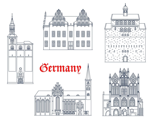 Germany buildings of Tangermunde Stendal and Havelberg vector architecture landmarks German St Stephan kirche and Rathaus or town hall Sankt Nicolas and Saint Mary Church or Marienkirche