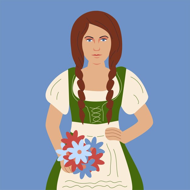 Vector germany flat girl with flowers wearing traditional green costume