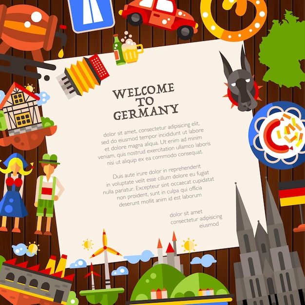 Germany travel postcard template with famous German symbols