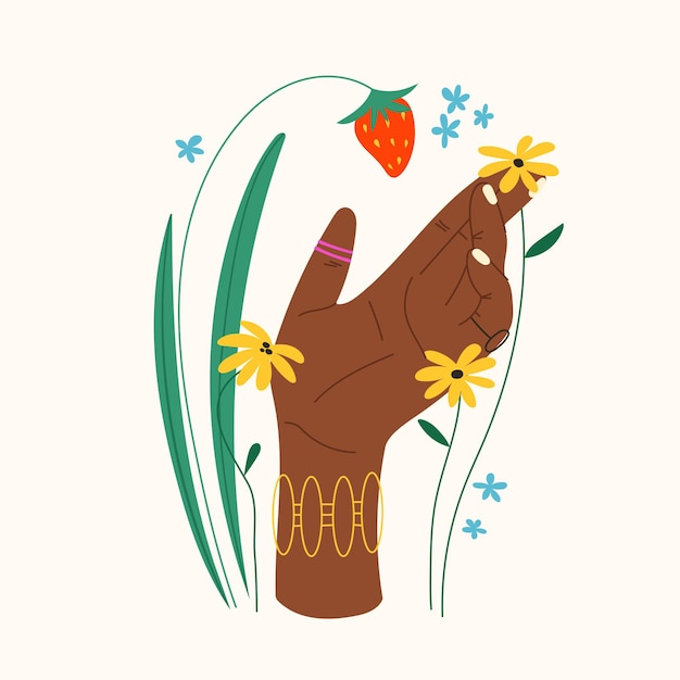 Gesture hand with flowers and leaves Trendy flat composition with hand holding a strawberry