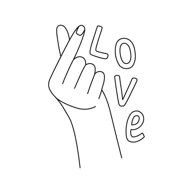 Gesture love hand fingers with text Finger heart icon in line style vector illustration