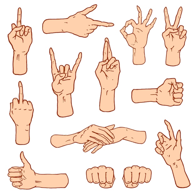 Gestures arms stop palm thumbs up finger pointer ok like and pray or handshake fist and peace or rock n roll engraved hand drawn in old sketch style vintage collection of emotion and signs