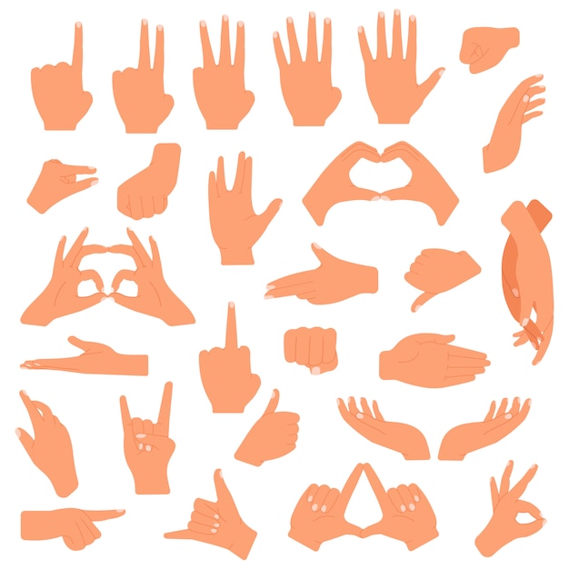 Gesturing hands. Communication hand gesture, pointing, counting fingers, ok sign, palm gesture language  illustration set. Gesturing signal expression, pointing and handshake