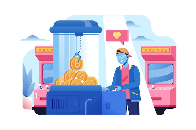 Get bitcoin coins from arcade claw machine game illustration concept