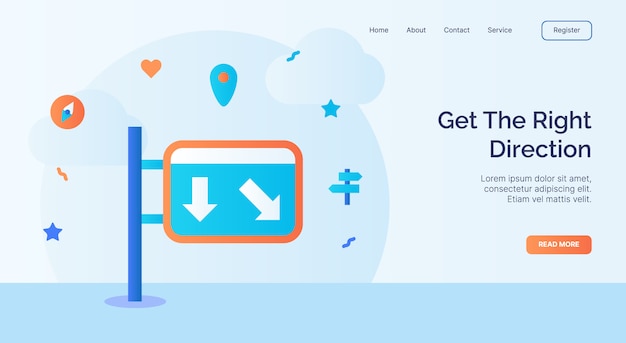 Get the right direction traffic sign icon campaign for web website home homepage landing template banner with cartoon flat style vector design