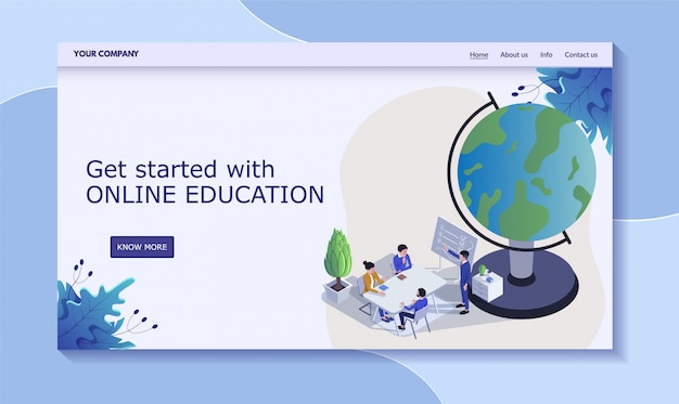 Vector get started online education, concept people sit table around globe, remote enlightenment  illustration. .