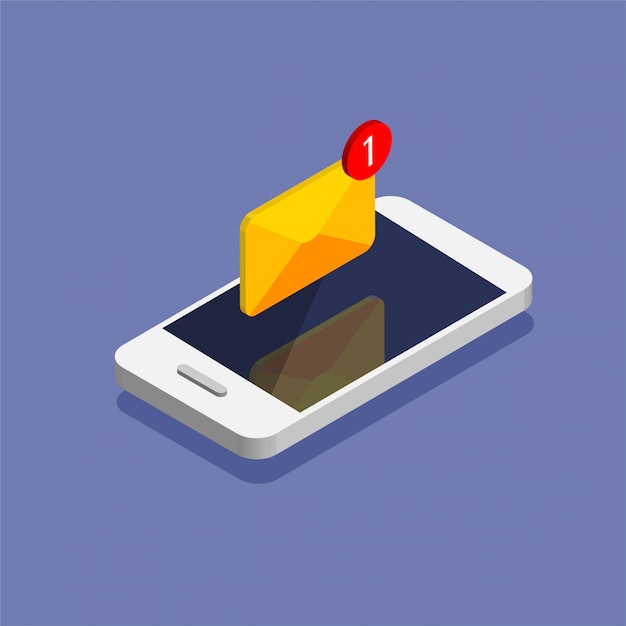 Getting new letter. Smartphone and envelope in trendy isometric style. E-mail, email, message, notification illustration.