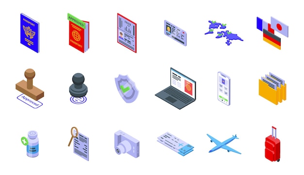 Getting a passport icons set isometric vector Stamp paper