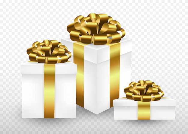 Gft boxes wrapped in golden ribbon and a bow over the top. Realistic style illustration.