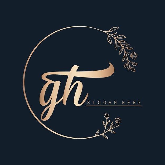 gh letter logo design with circle in gold color leaf and flower