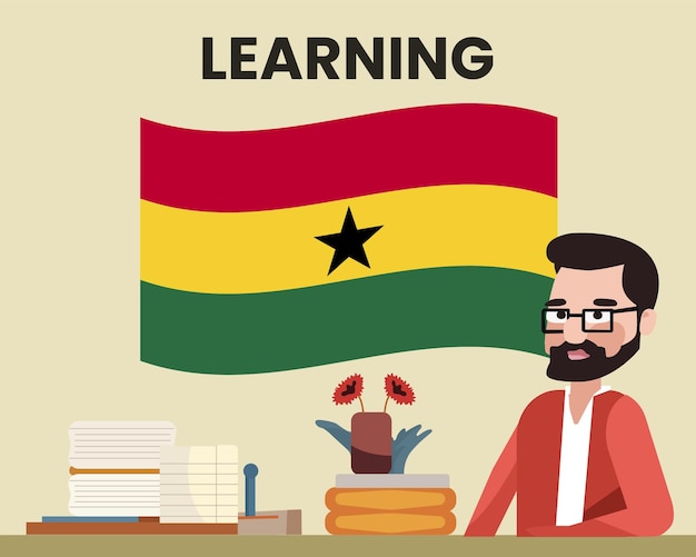 Ghana flag with a male teacher learning or teaching Ghana language school concept