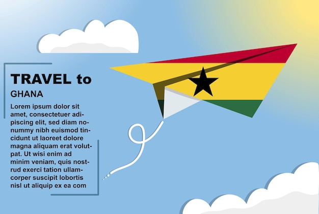 Ghana travel vector banner with paper flag and text space flag on paper plane vacation concept