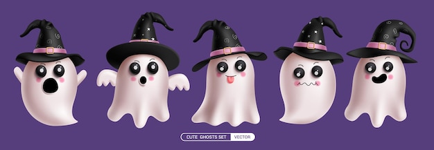 Vector ghost character set vector design halloween cute ghost spirit collection with scary spooky happy