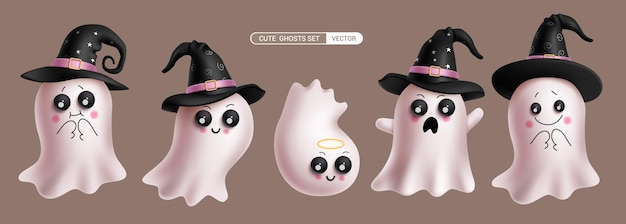 Vector ghost characters vector set design halloween cute ghost character wearing witch hat collection