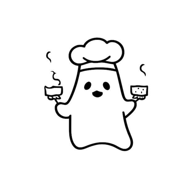 ghost chefs cartoon charactercute logo vector illustration line art