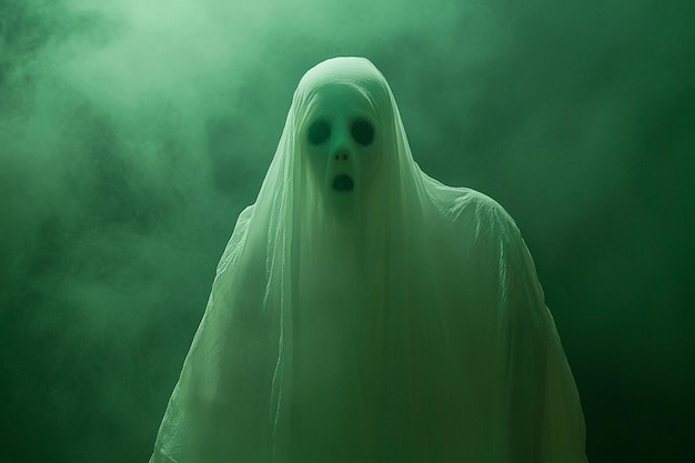 Vector a ghost in a green foggy background with a spooky face