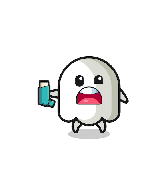 Ghost mascot having asthma while holding the inhaler cute design