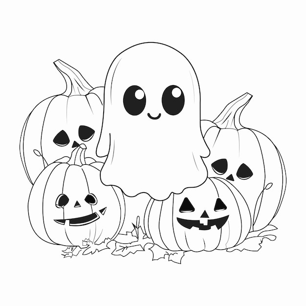 Ghost and Pumpkin Outline Drawing Halloween TShirt Vector Illustration Design