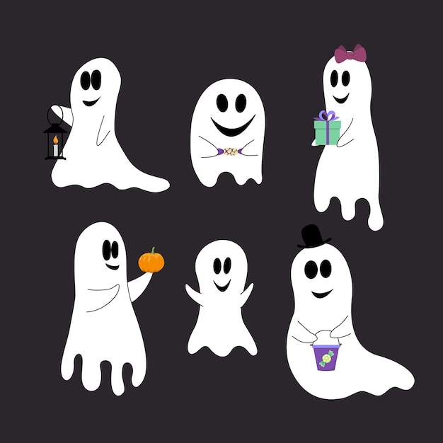 Ghost set Funny ghosts for Halloween with candies pumpkins pail present and lantern Flat cartoon Isolated vector stock illustration EPS 10