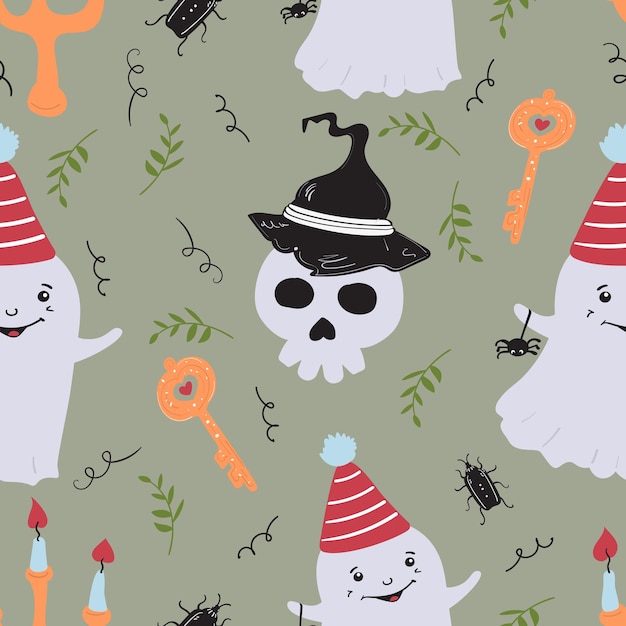 Ghost and skull in witch hat background pattern cartoon