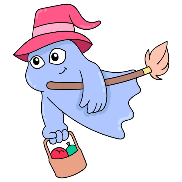 The ghost of the spirit is flying carrying a fruit basket, vector illustration art. doodle icon image kawaii.