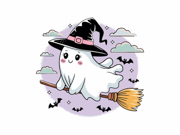 Vector ghost witch flying on broom halloween cute design vector art