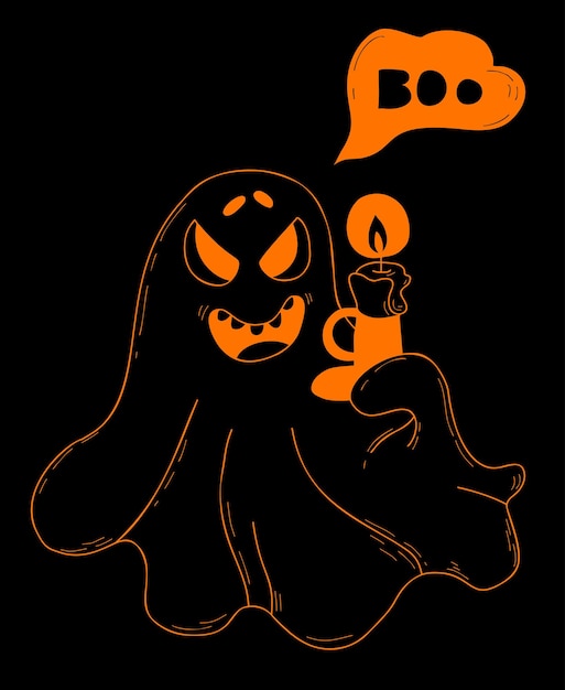 Ghost with candle Halloween character spook Vector illustrationLinear hand drawing in doodle style