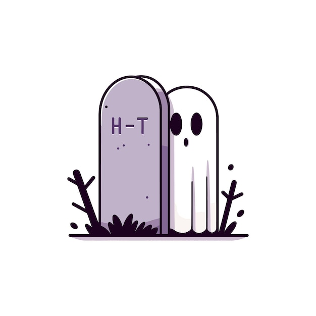 Vector ghost with large scared eyes peeking out from behind a tombstone or a tree