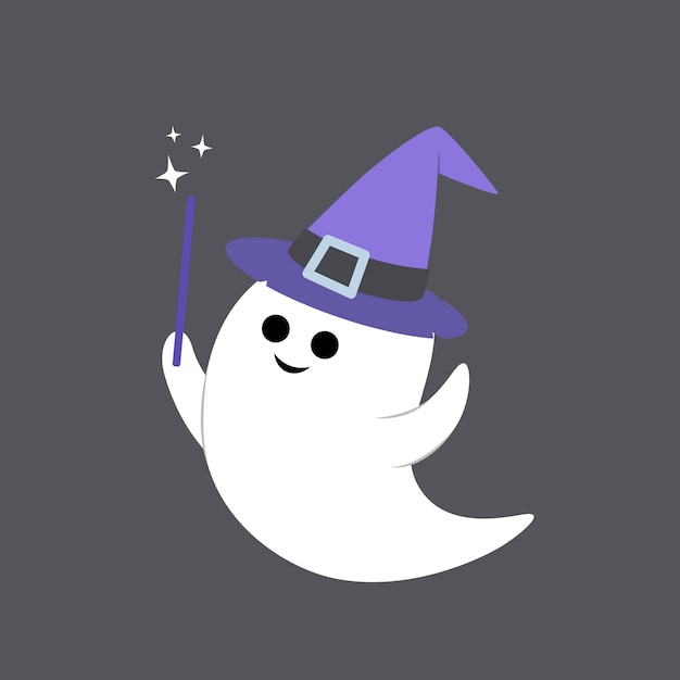 Ghost with magic wand and hat Halloween Cartoon flat Isolated vector illustration eps 10