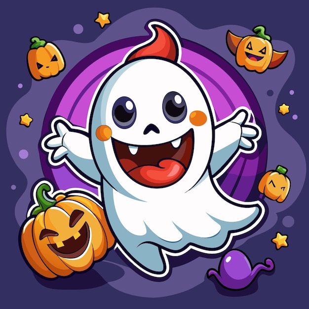 a ghost with a pumpkin on it and a purple background with the words ghost on it