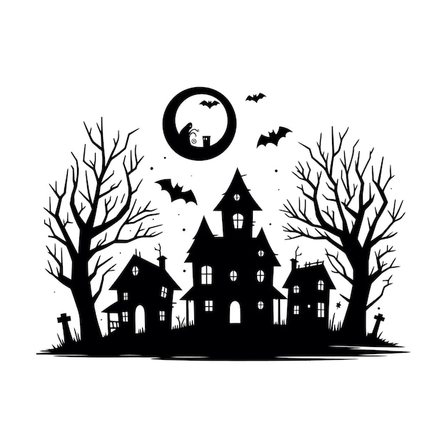 Vector ghostly haunted house silhouettes eerie vector illustration