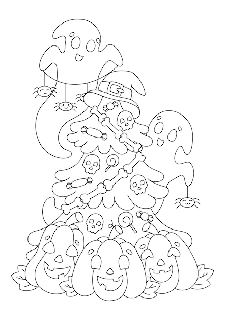 Ghosts and pumpkins decorate the halloween tree Coloring book page for kids