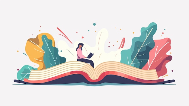 Giant Book and Reading Person Flat Vector Isolated