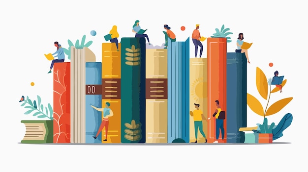 Vector giant books with tiny people flat illustration