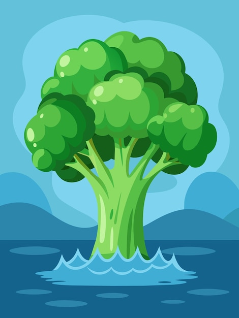 Vector a giant broccoli tree rising from water