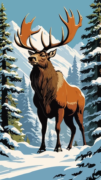 Vector a giant elk in the snowy forest illustration cartoon drawing artwork vector